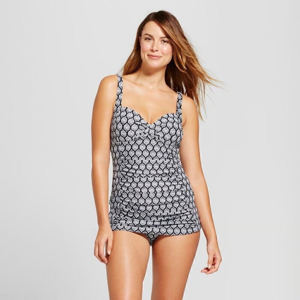 Merona Swim Dress One Piece Bathing Swimsuit Black White Printed NWT Size Small